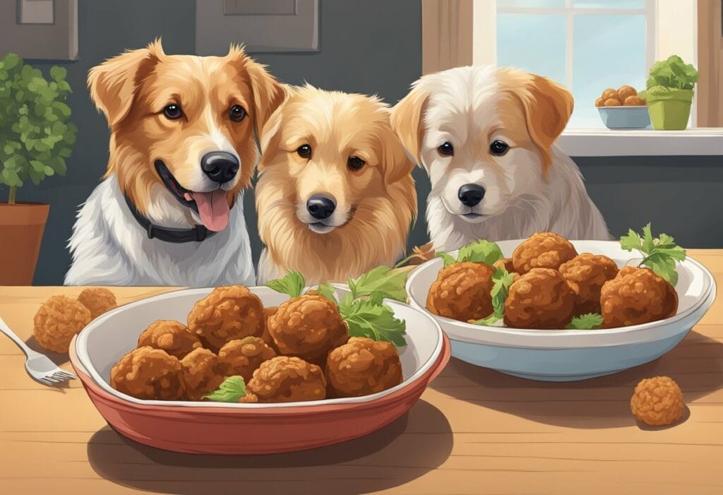 Photo of three dogs looking into two plates full of meatballs. Can Dogs Eat Meatballs?