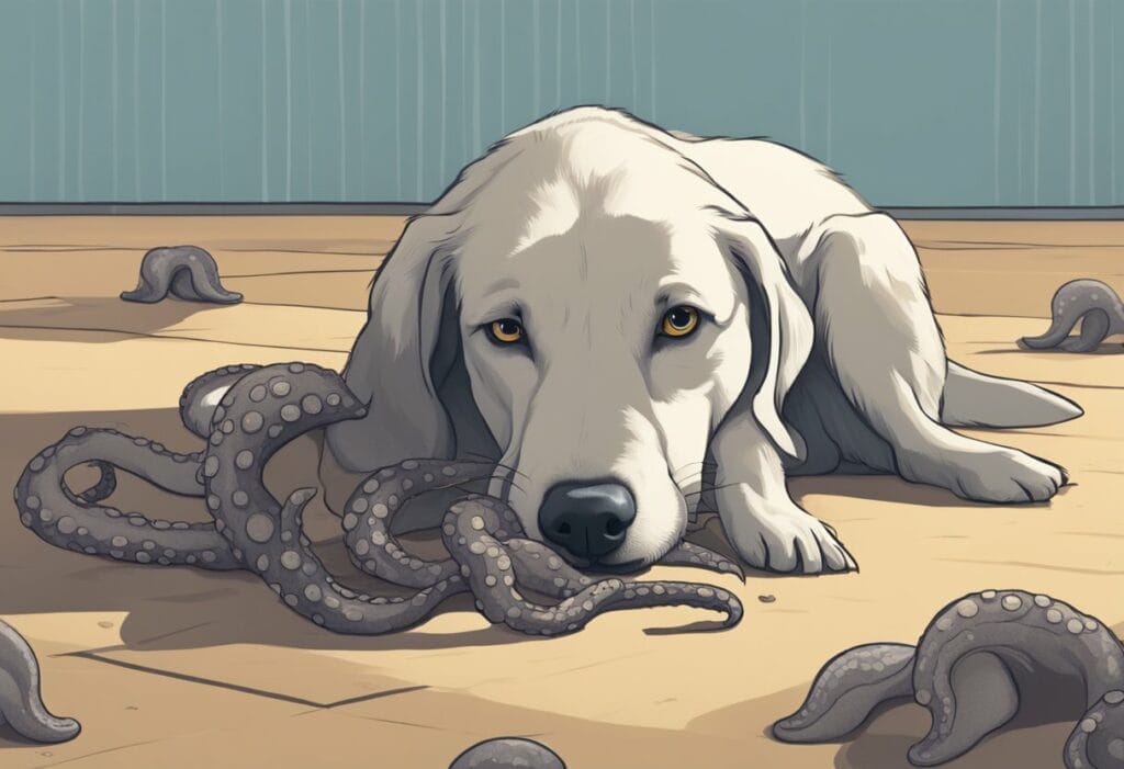 Illustration of a dog with octopus parts all around the floor.