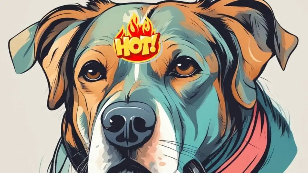 Dog with a label saying hot with flames around. My Dog's Head Feels Warm.