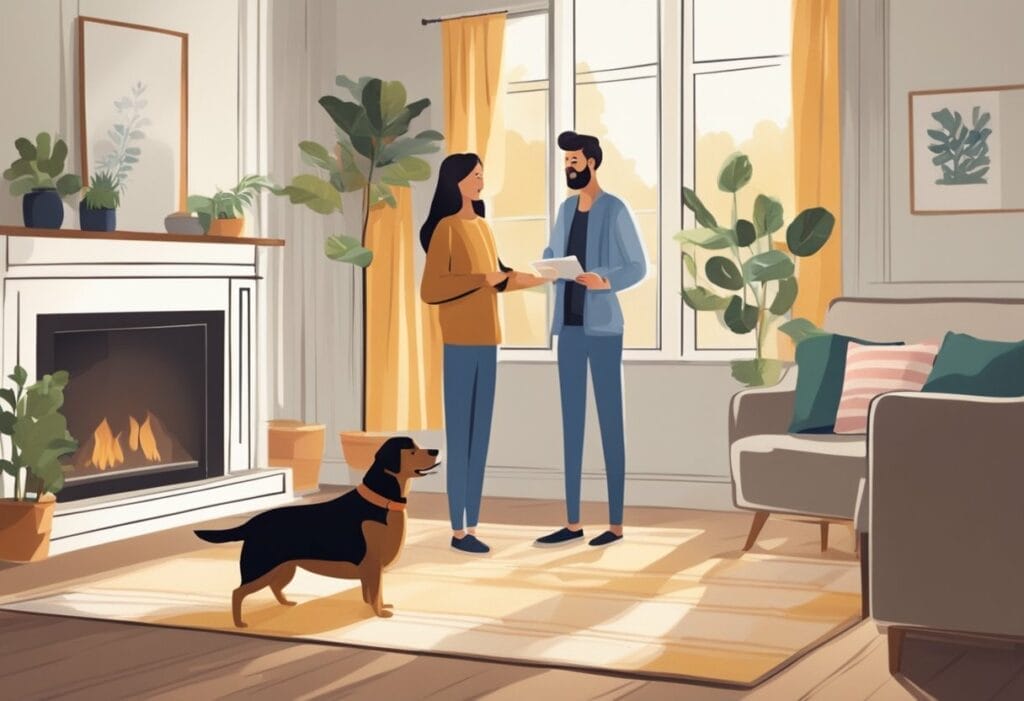 Illustration of two dog owners talking and the dog nearby looking.