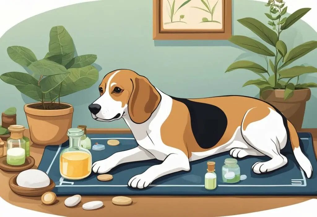 Illjustration Beagle with alternative remedies.