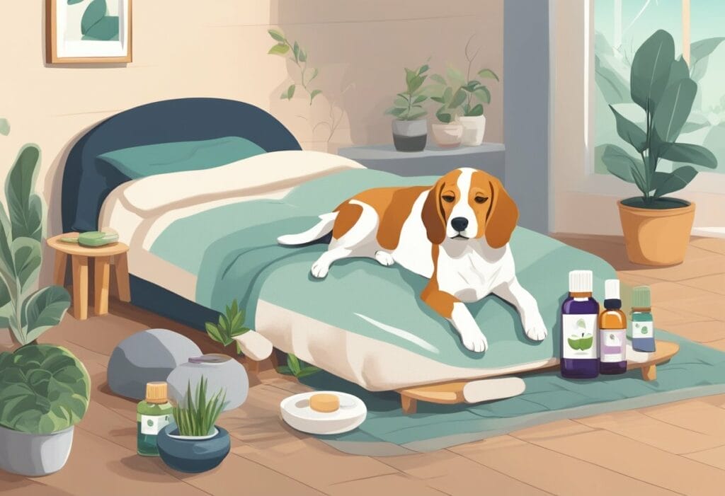 Illustration Beagle in a bed with herbs and remedies around him.