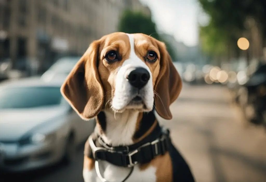 Beagle in a street with cars behind.