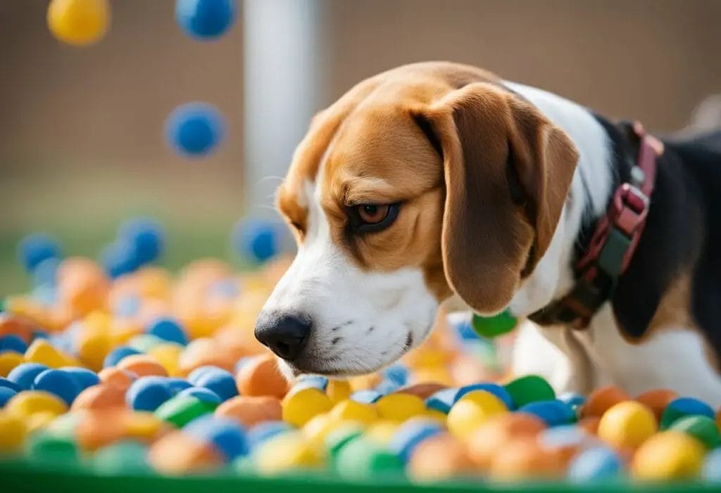 Beagle inside a pool of colorfull plastic balls.