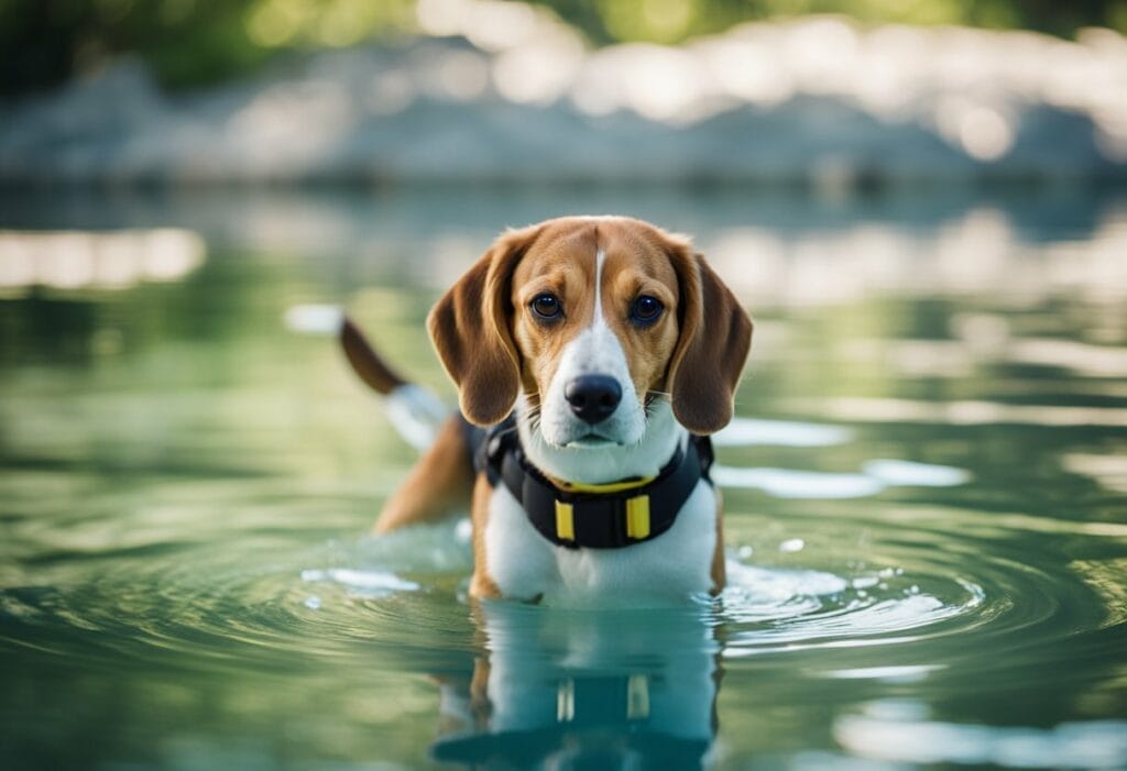 Beagle in shallow river water.
