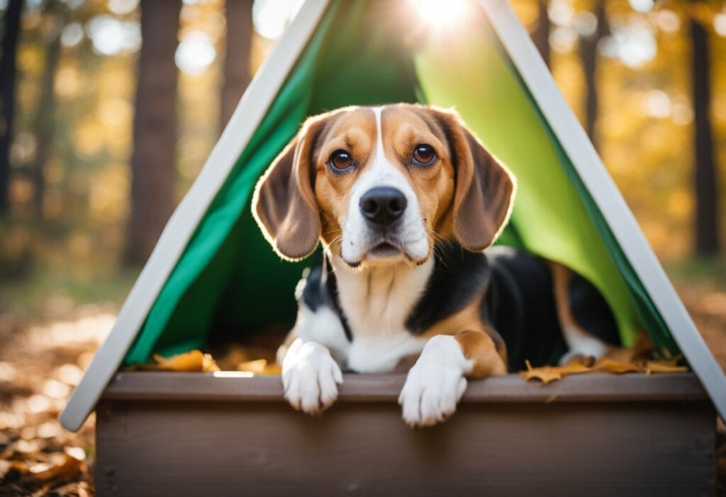 Beagle laying down in a dog tent in the woods.