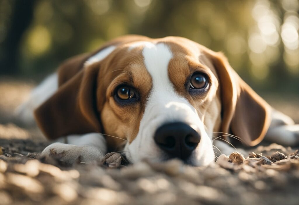 Beagle laying down on the ground