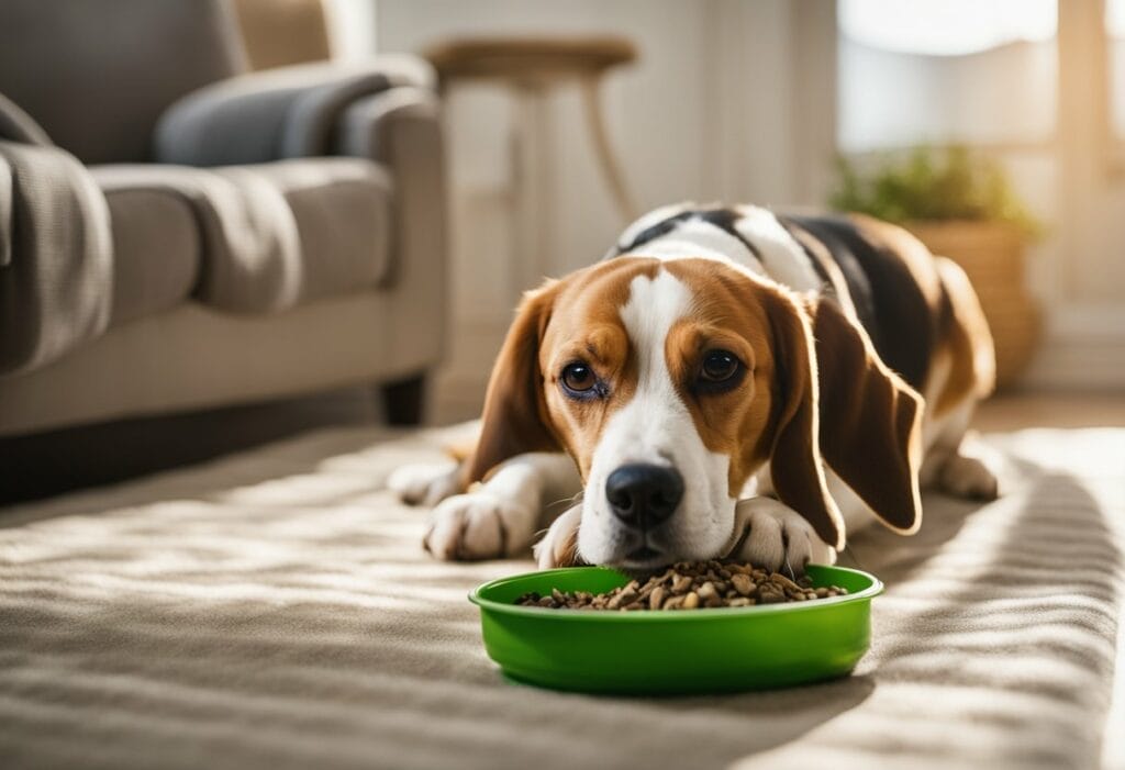 Dog laying in the living room with a bowl of dog food in front of him.