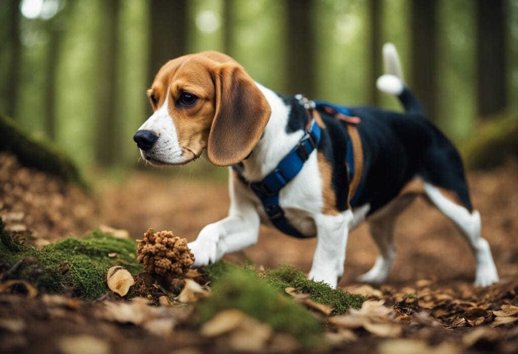 A Beagle hunting for truffles in the woods.