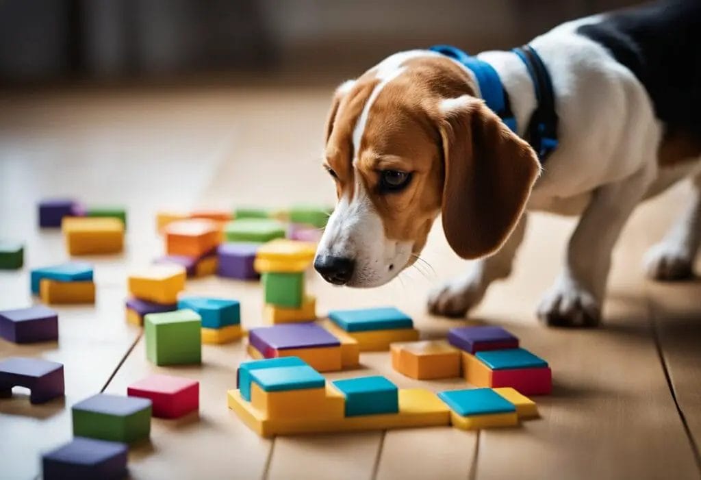 Beagle looking to a puzzle made of plastic pieces.