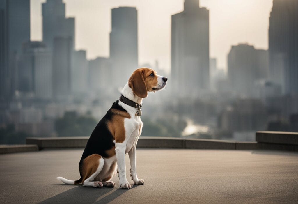 Beagle on top of a Beagle with a poluted city behind.