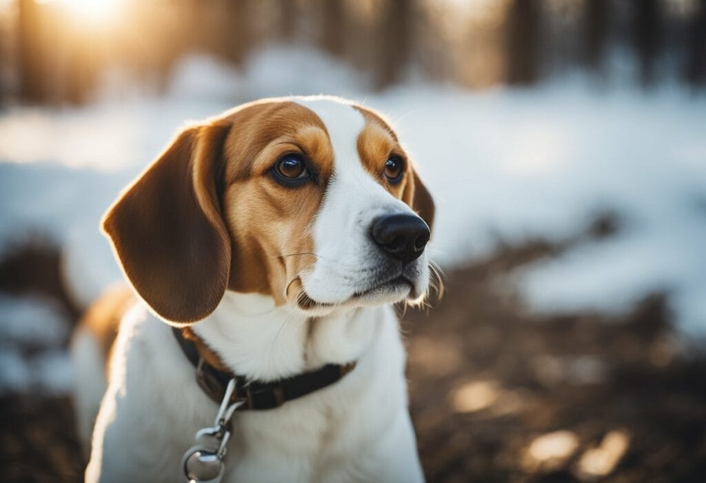 Beagle in the wods during winter time.