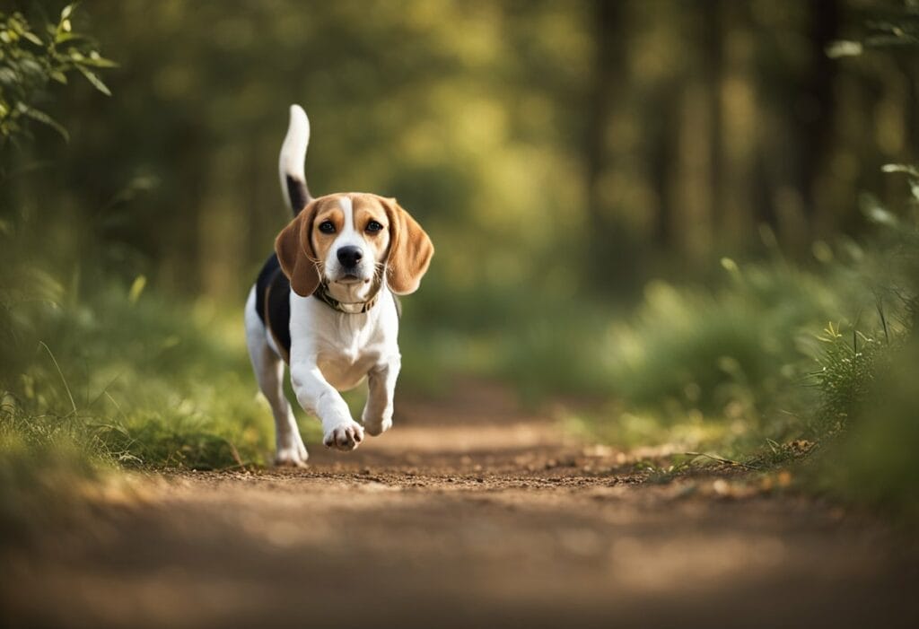 Beagle puppy running in the woods.