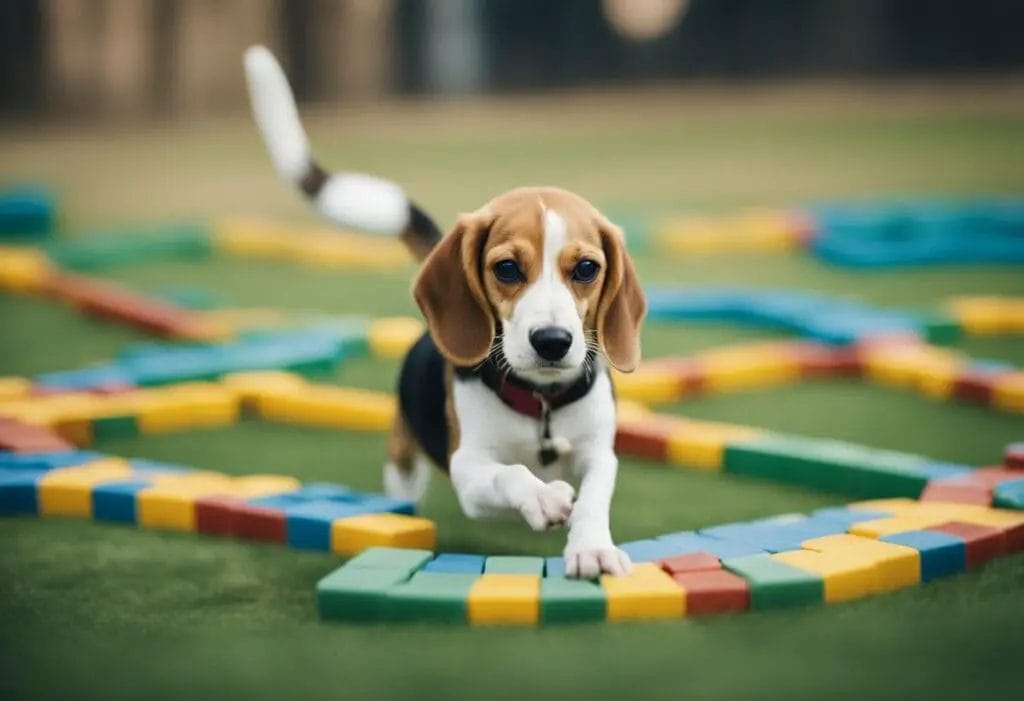 Beagle running on a course made of plastic pieces.