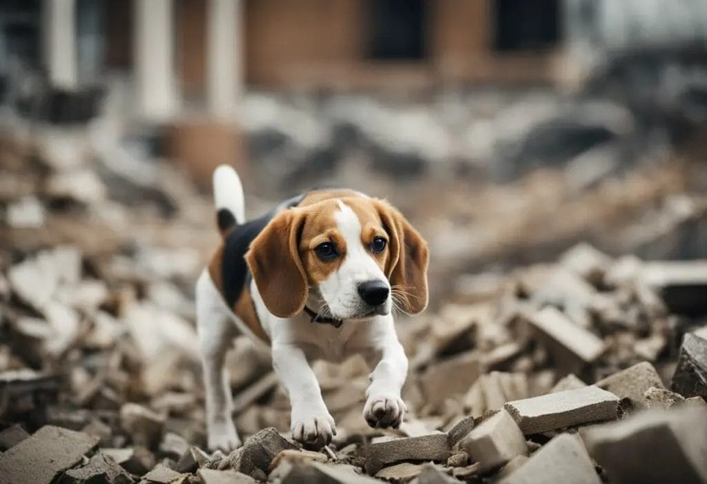 Beagle searching for something on wreckage.