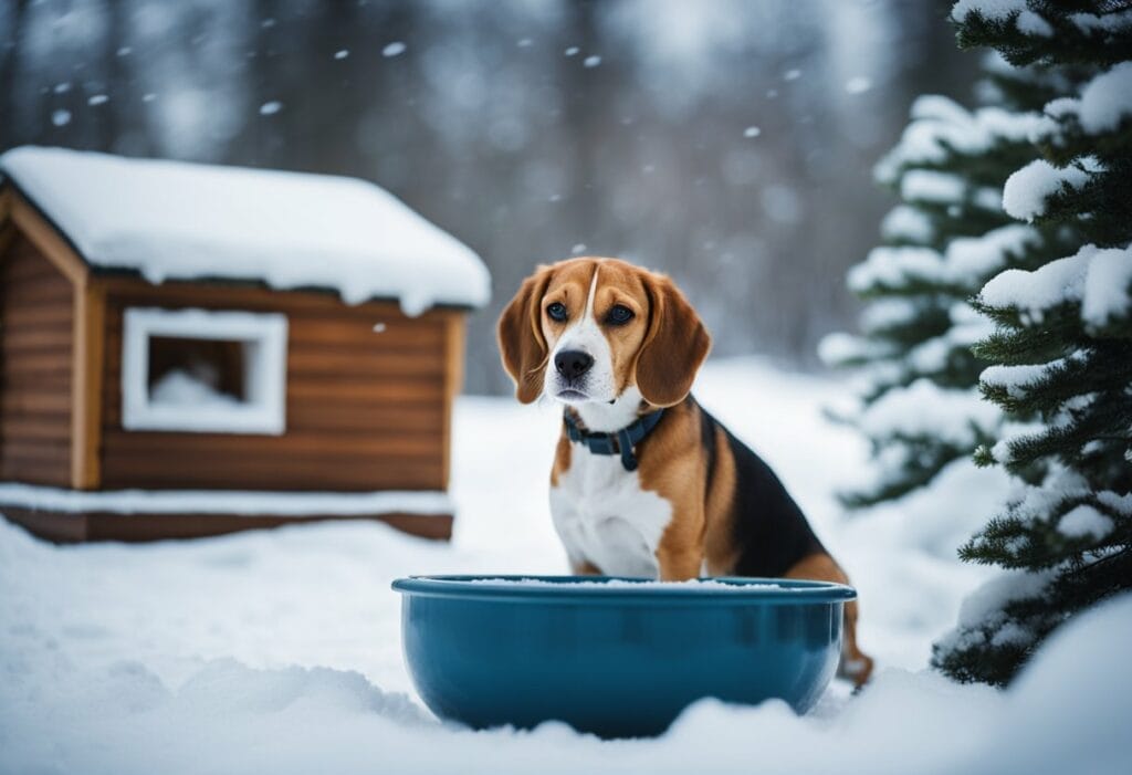Beagle sitting outside in the snow.