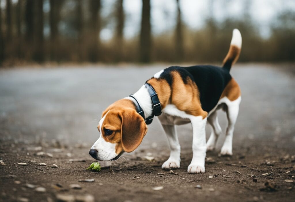 Beagle sniffing smothing on the ground.