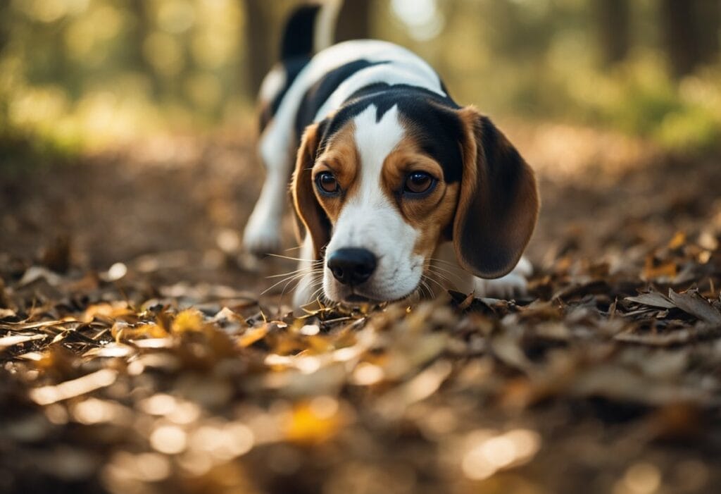Beagle sniffing the leaves on the ground.