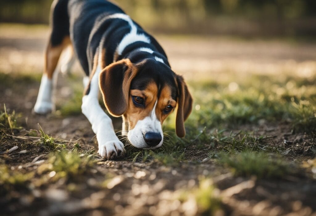 BEagle sniffing the ground looking for a prey.
