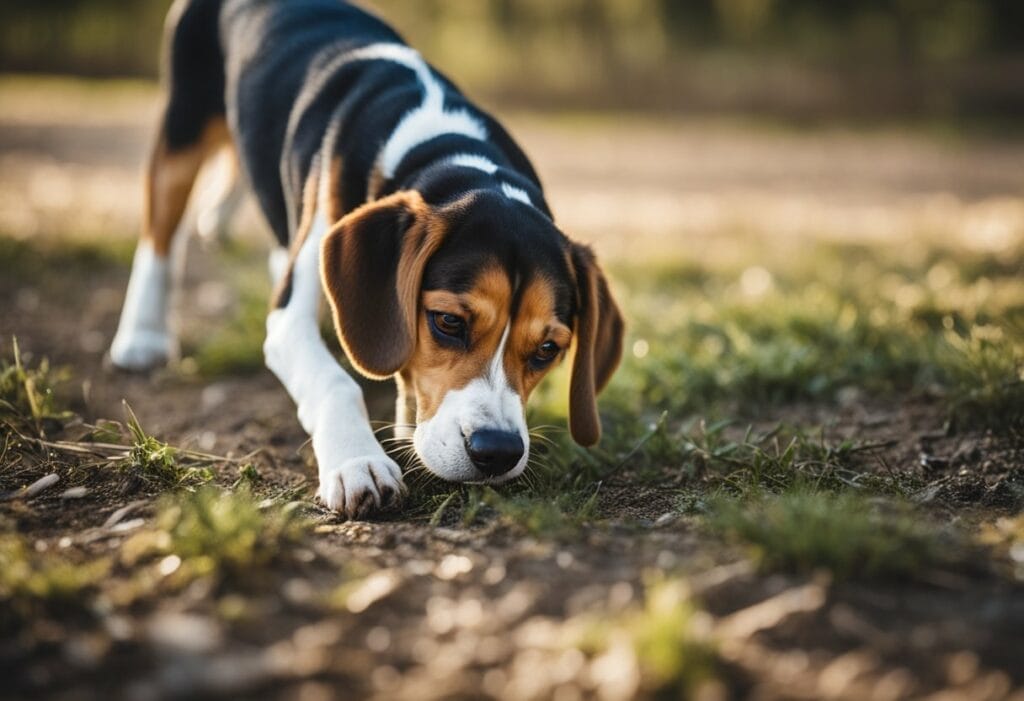 BEagle sniffing the ground looking for a prey.