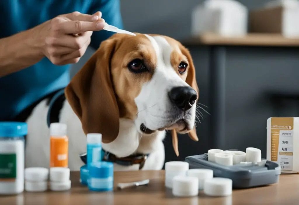 Beagle with a vet.