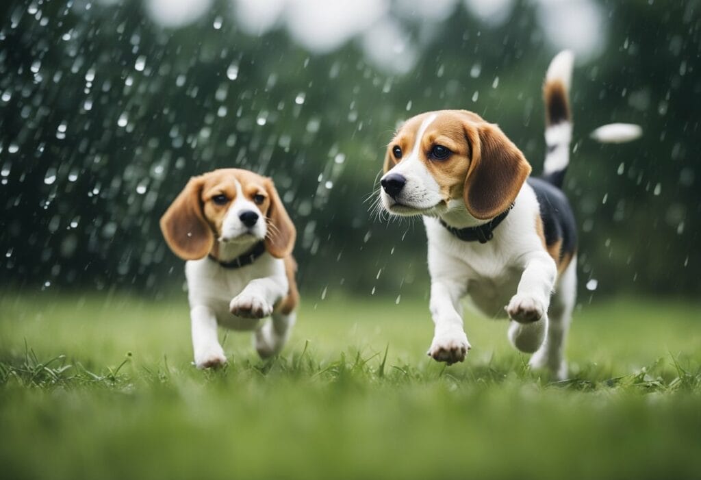 Two beagles running outside in the rain.