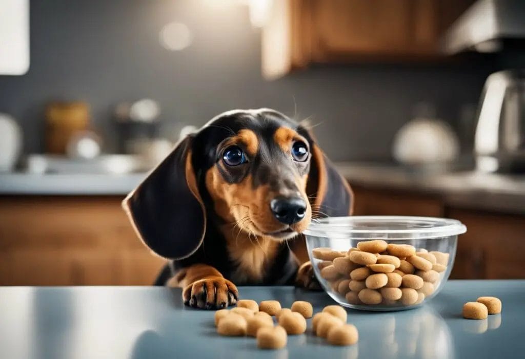 Dachshund and a bowl of food.