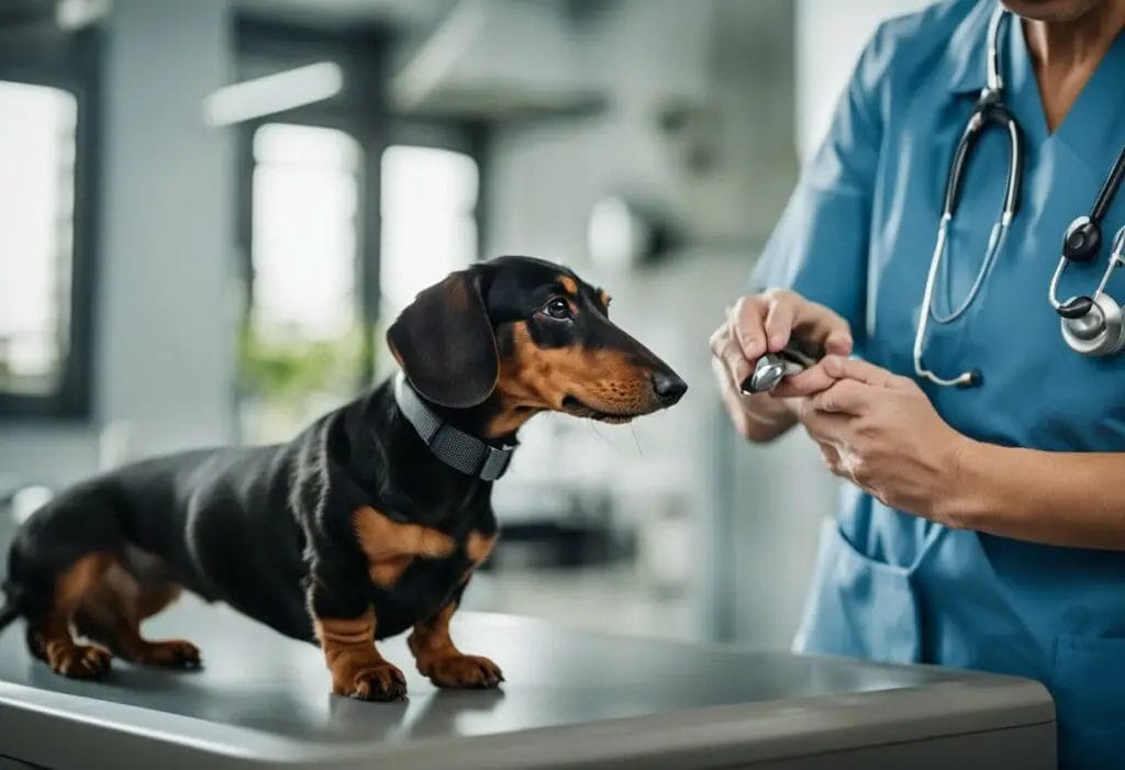 Dachshund being analyzed by a veterinarian.