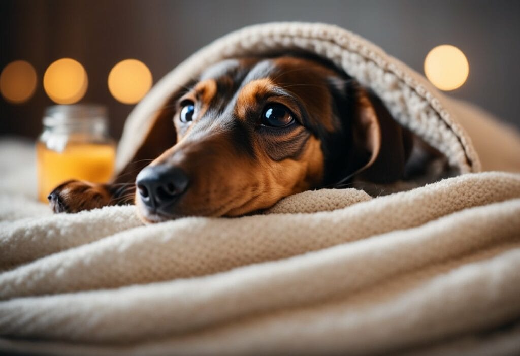 Dachshund burrowed in blankets.