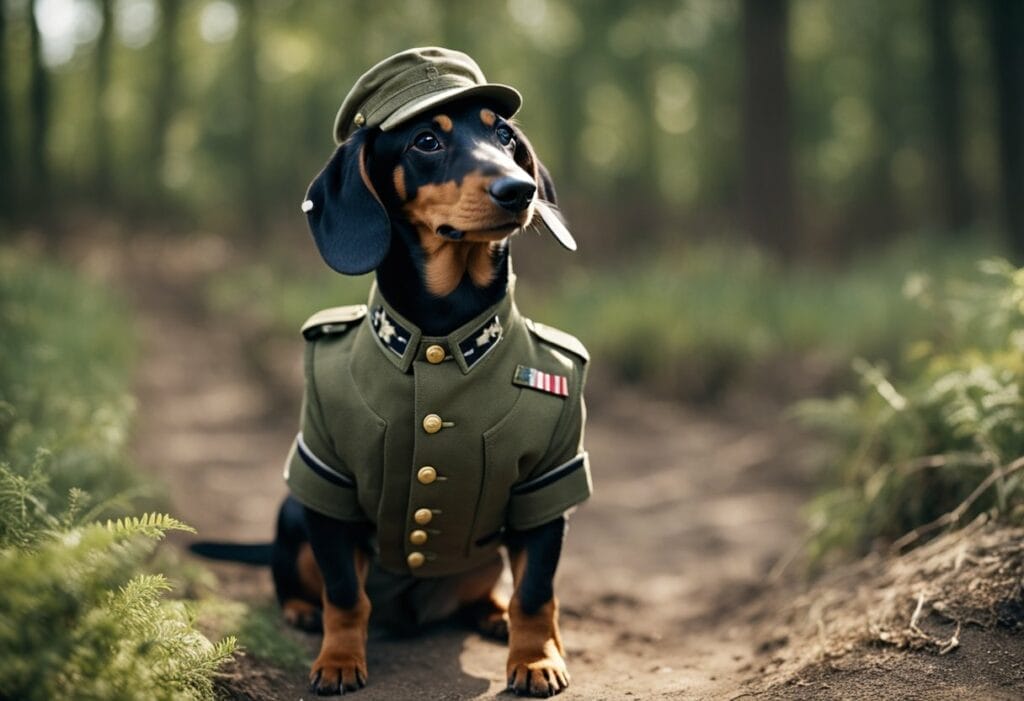 Dachshund dressed as militar.