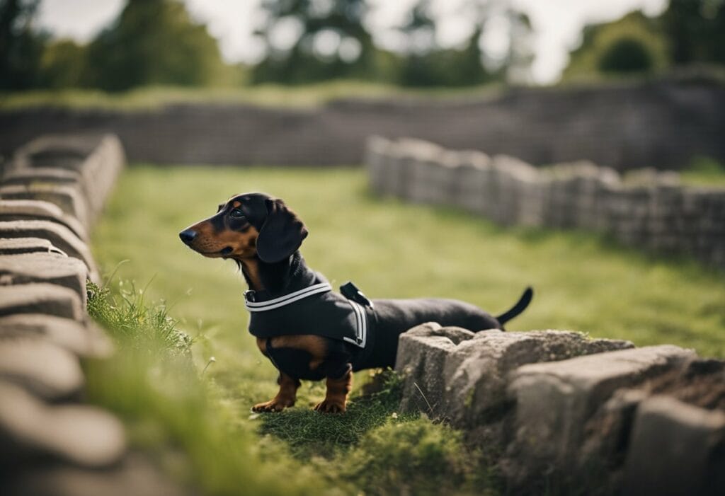 Dachshund in the middle of a castle ruins.