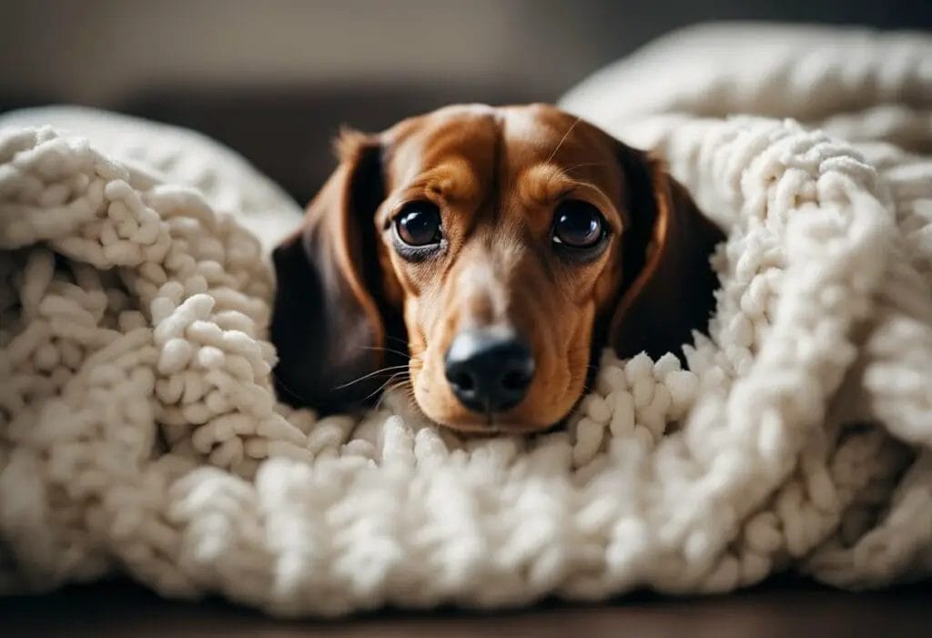 Dachshund laying down on a whool blanket.