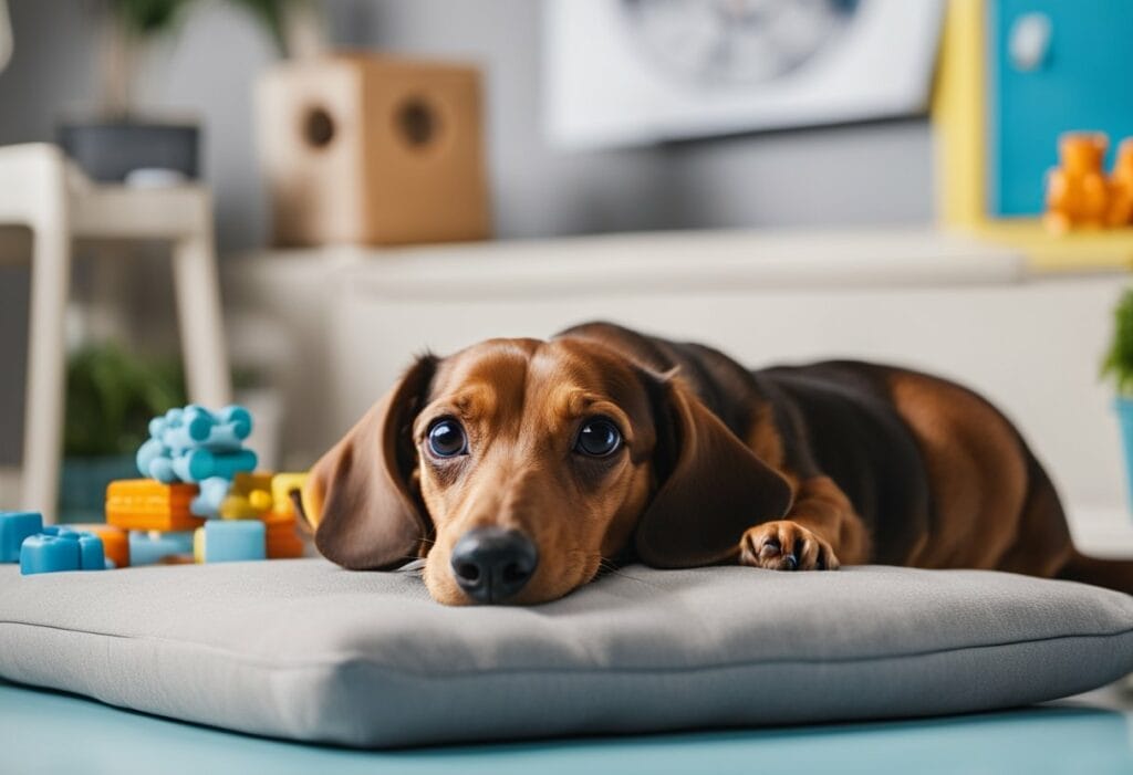 Dachshund laying in a dog bed with dog toys by its side.