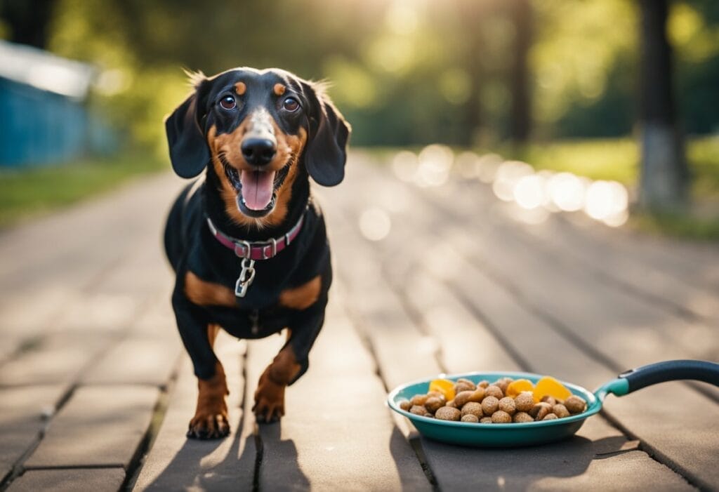 Dachshund outside with a bowl of food.