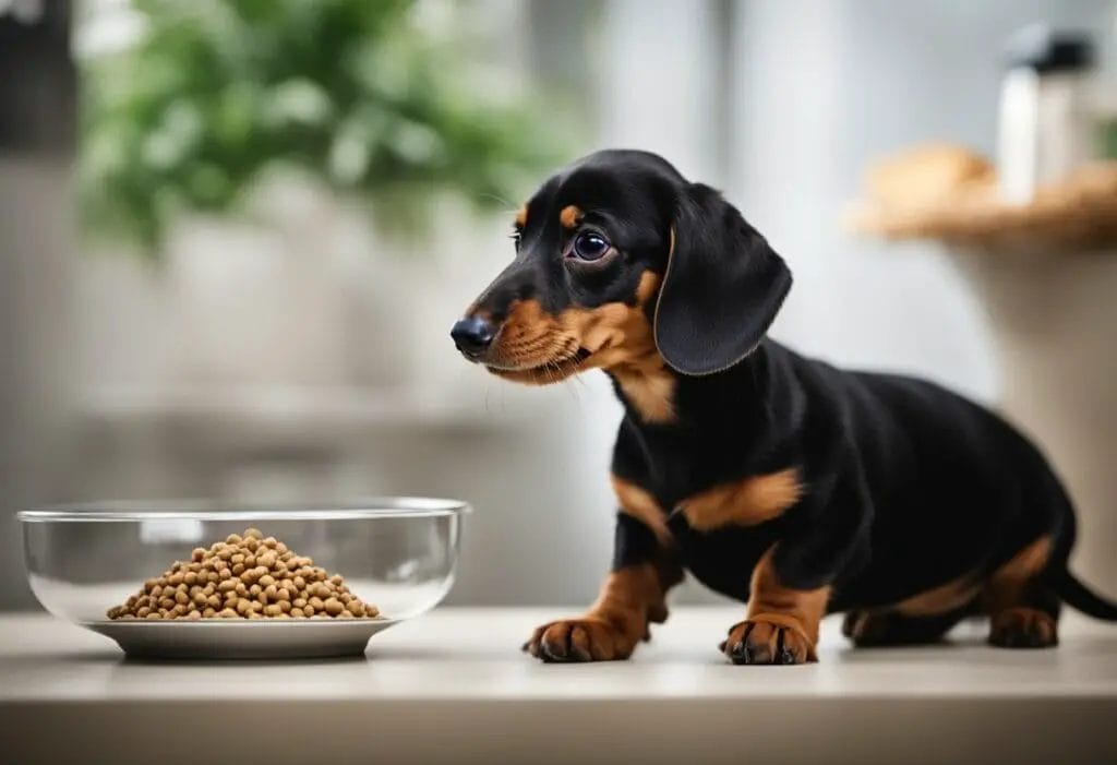 Dachshund puppy and a bowl of food.