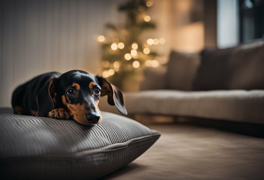 Dachshund puppy laying down on top of a pillow in the living room.