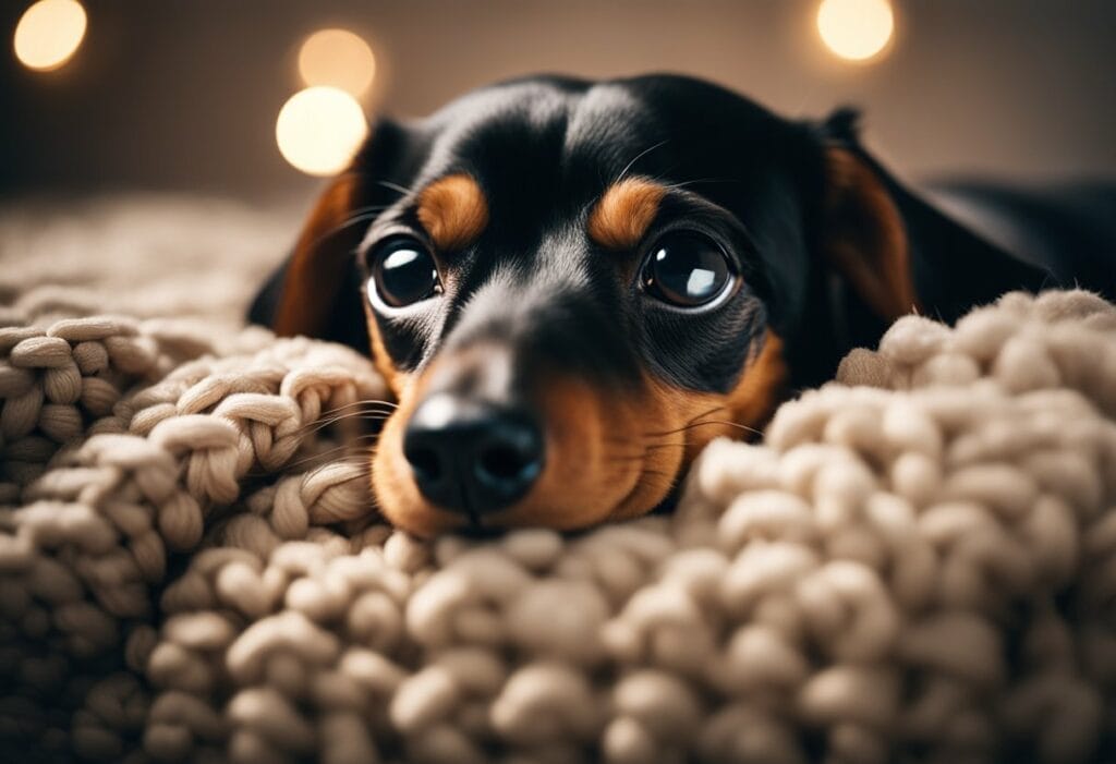 Dachshund puppy laying down on top of a knitted blanket.