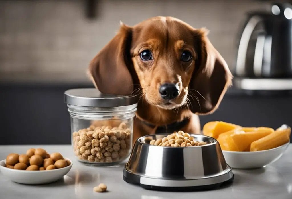 Dachshund puppy sitted in front of a table with different kinds of food.
