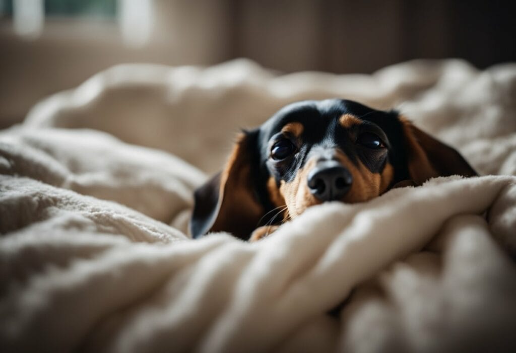 Dachshund sleeping in a bed.