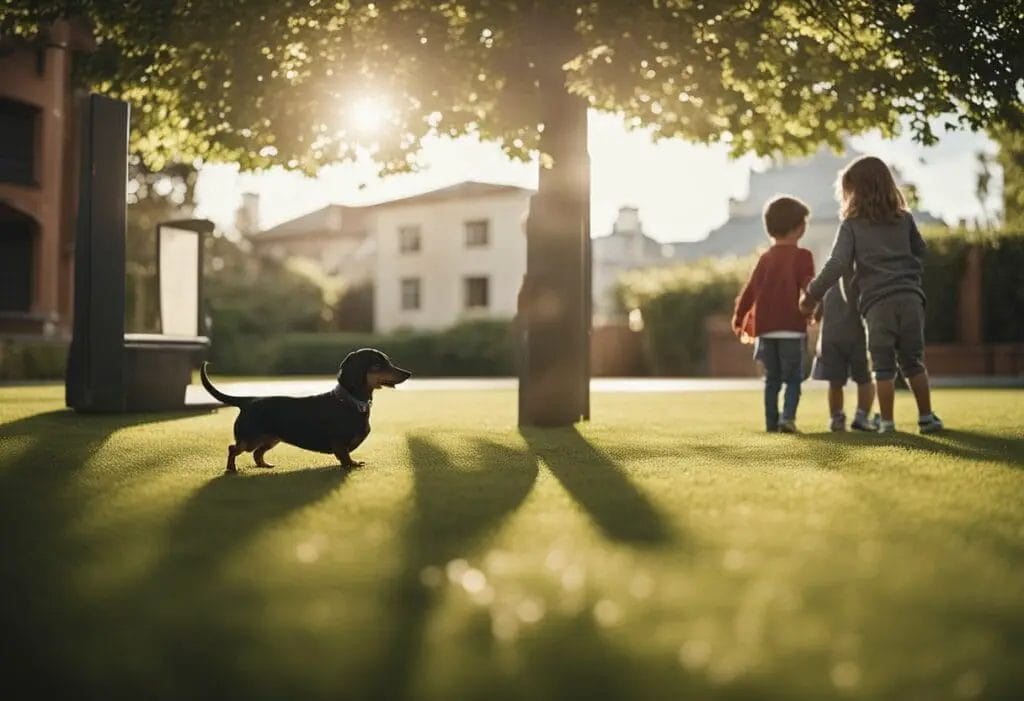A dachshund and children.