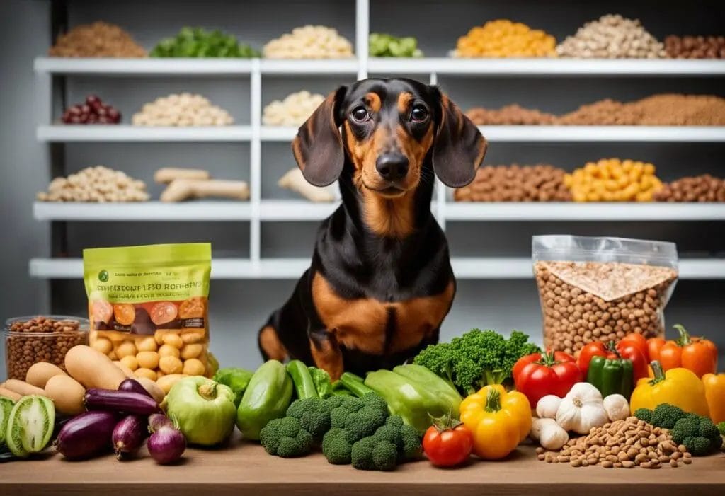 Dachshund surrounded by different types of foods.