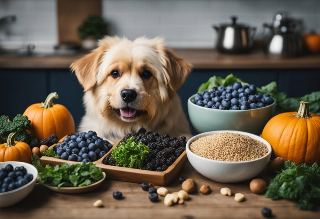 Dog infront of a table full of superfoods