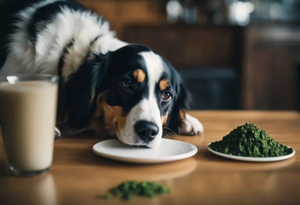 Dog laying down infront of a plate with food.