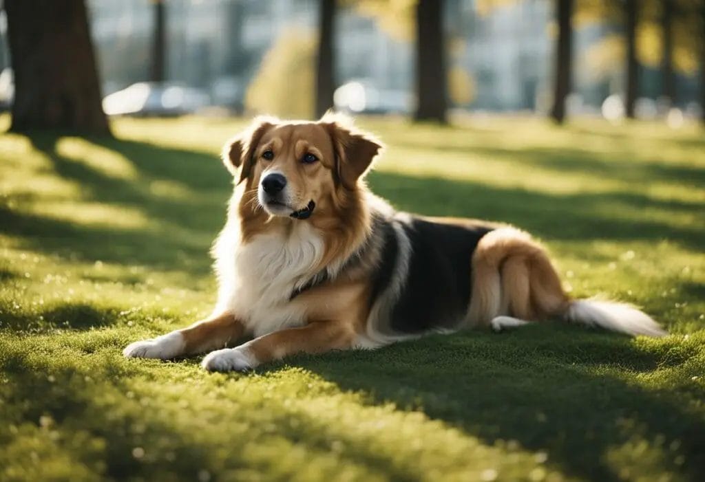 Dog laying down on the grass.