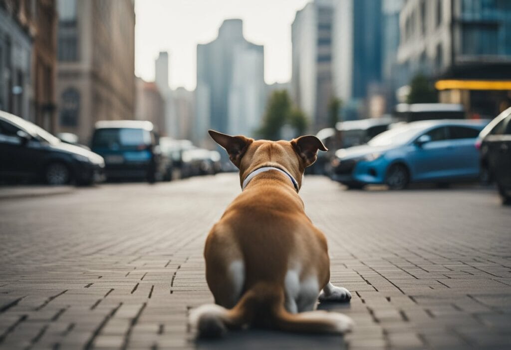 Dog in a busy street laying down near cars.
