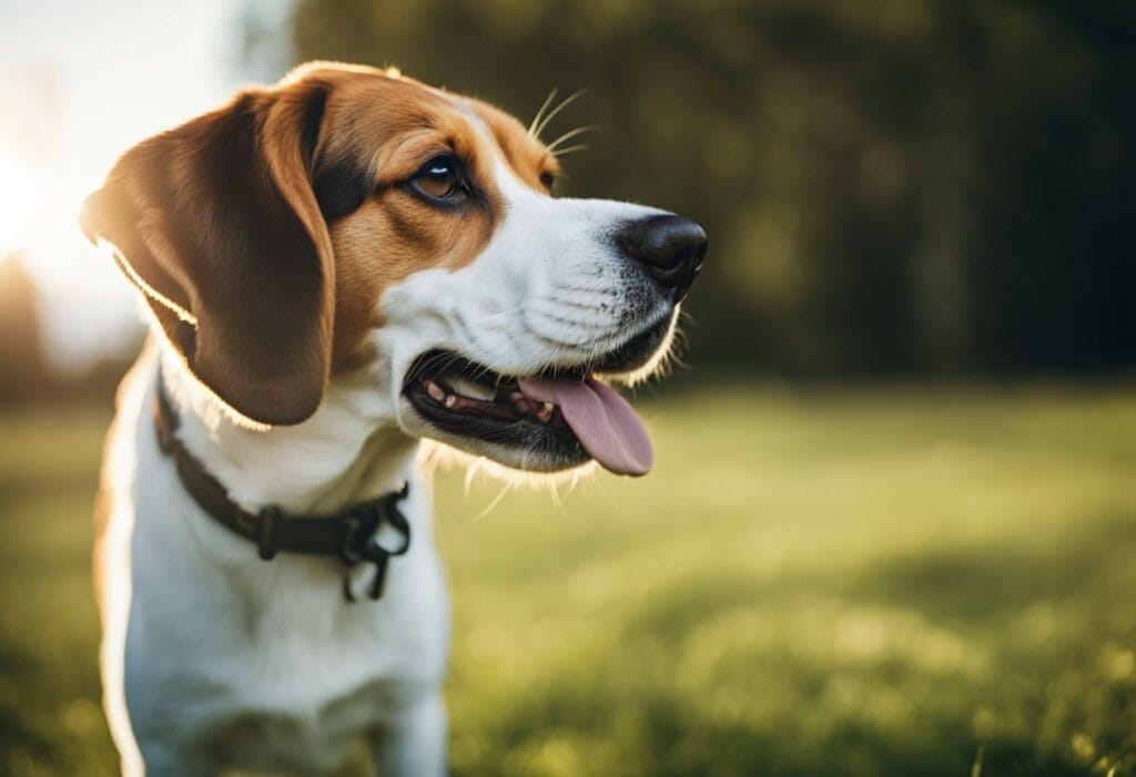 Beagle standing in the lawn outdoors.