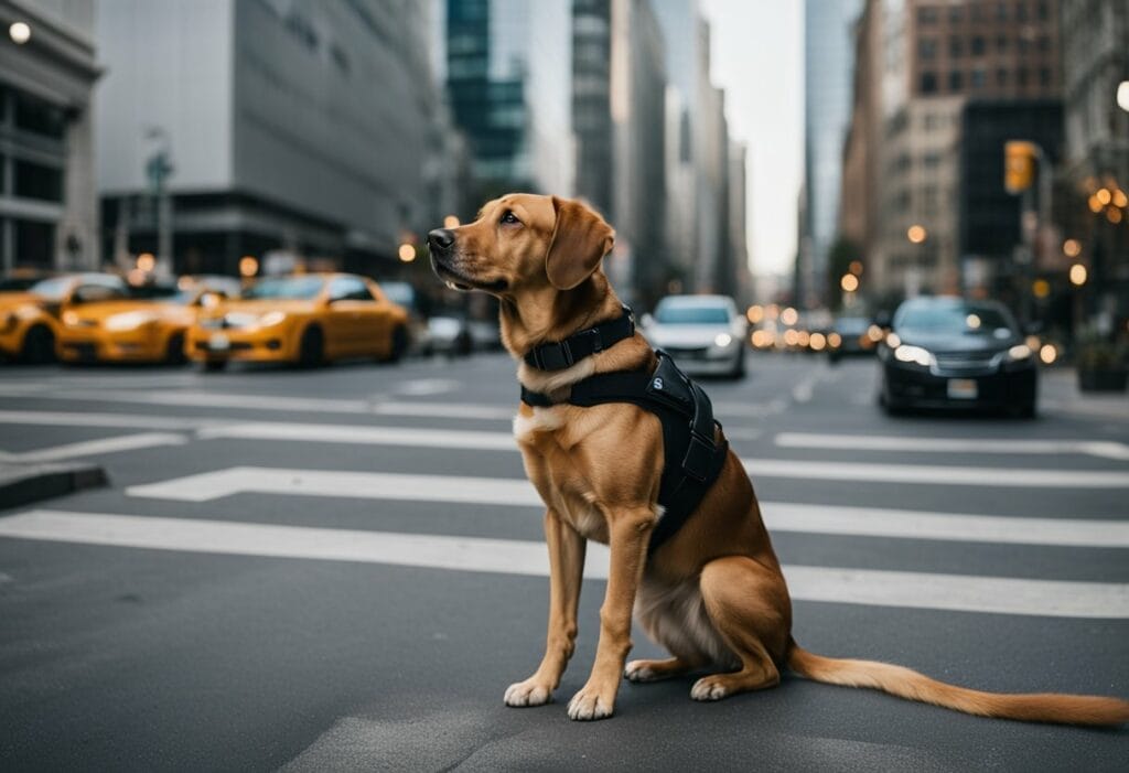 Dog sitting in the middle of the road with cars coming.