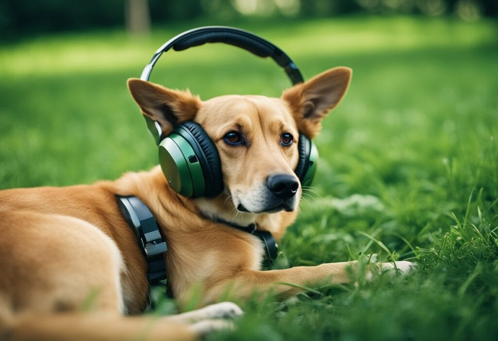 Dog with headphones laying down on the  grass.