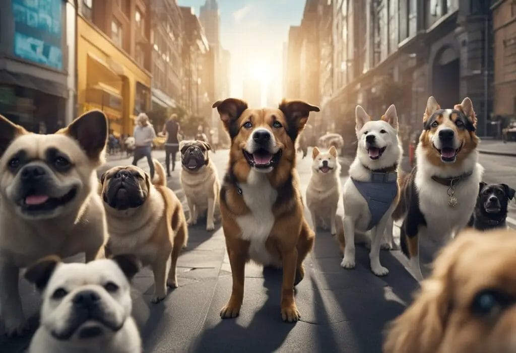 Several dogs in a busy street.