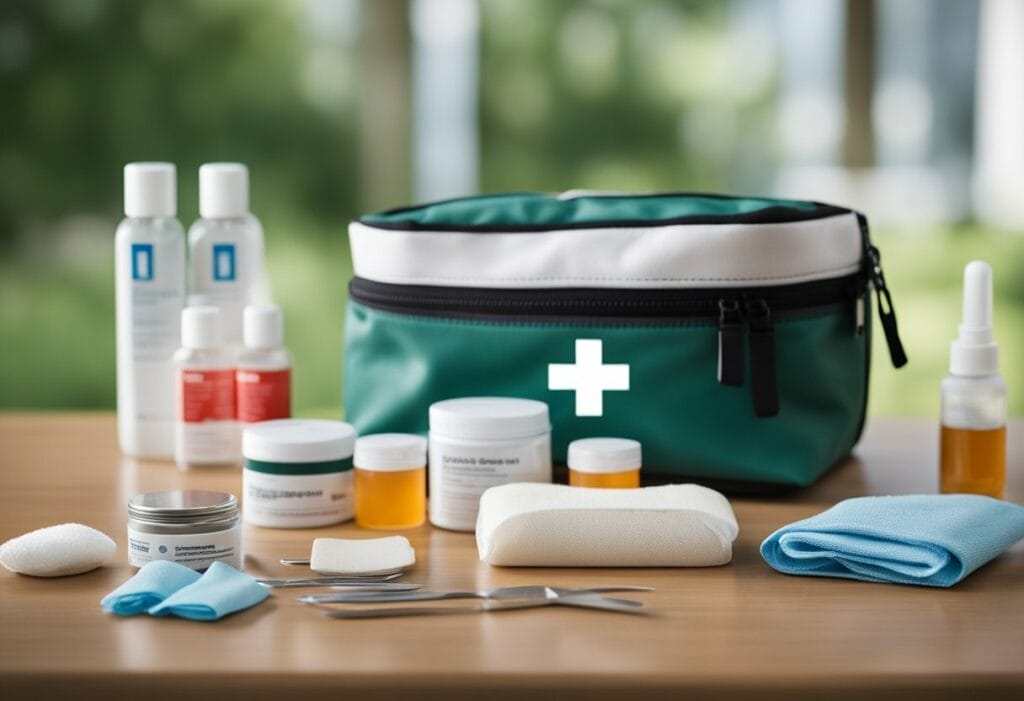 First aid kit on top of a table.